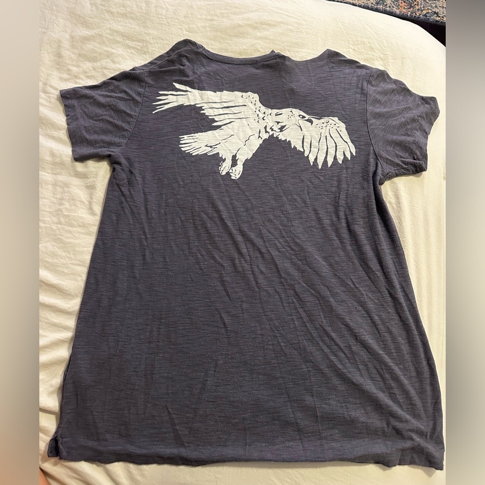 Bloomgdales Gray V Neck T Shirt Size Small With Eagle Detail. Distressed Look.